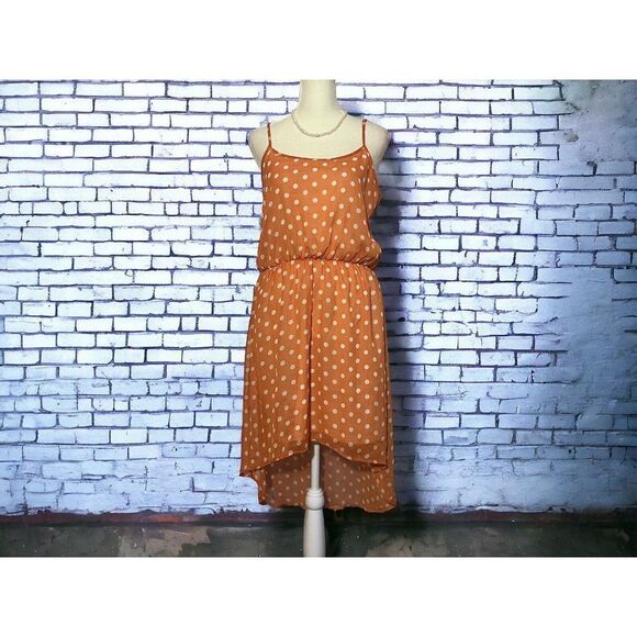 Almost Famous Orange Cream Polka Dot Hi Low Blouson Tank Midi Dress Juniors - Picture 1 of 10